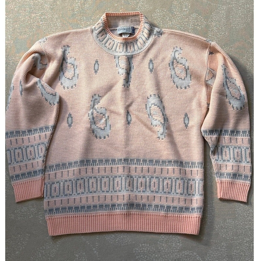 Vintage Diversity‎ Sport Vintage Paisley Knit Sweater Mock Neck Pink Gray Petite